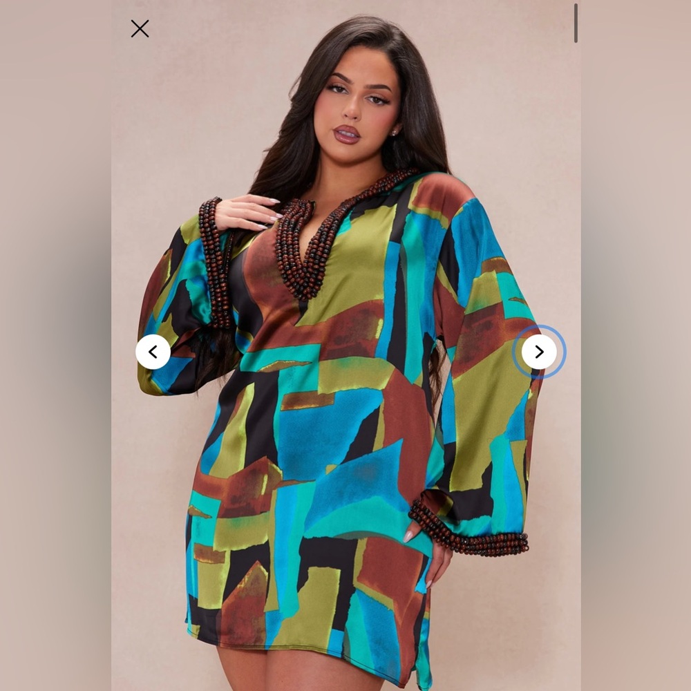 Nova Luxe Dylan Satin Kaftan Mini Dress - Blue/combo size Medium Beaded - Picture 6 of 14